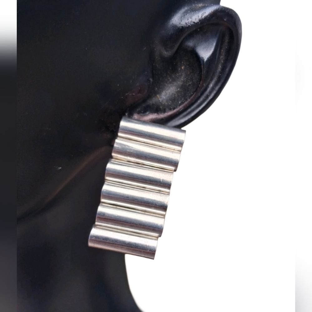 Vintage 80s Modernist Stacked Tube Clip On Earrings Silver Tone Industrial